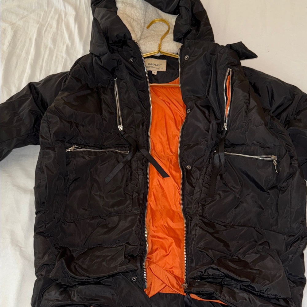 Orolay Black Hooded Puffer Jacket Orange Lined